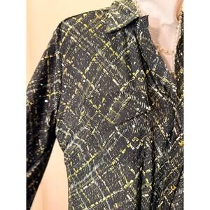 black green plaid blouse shimmery collared 3/4 sleeves Large  (337)